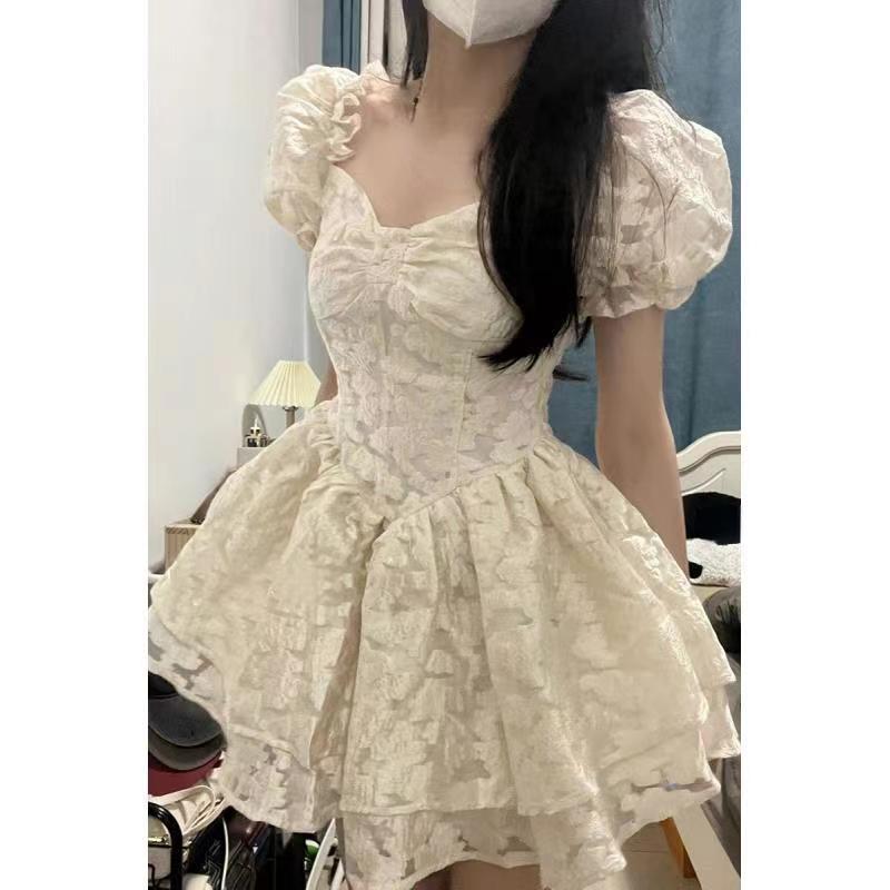 Ezgaga Dresses Women Floral V Neck Puff Sleeve Korean Fashion Slin Sexy Mini Dress Puffy Ball Gown Fairy Ladies Elegant