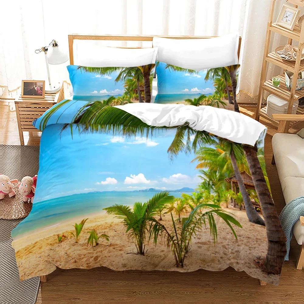 Strand Sonnenuntergang Bettbezug Set Tropische Insel Mit Der Palme Und Meer Strand Natur Thema Queen Size Bettdeckenbezug