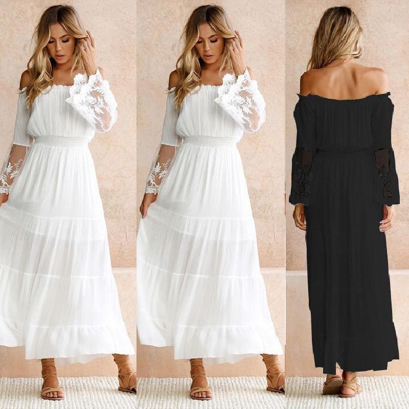 Women's White Chiffon Lace Jacquard Off-Shoulder Evening Gown - Elegant Long Dress for Wedding & Formal Events
