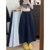 Plus Size Korean A-line Solid Color Mid-length Skirt - Spring/Summer Casual Style with Drawstring and Spliced Design