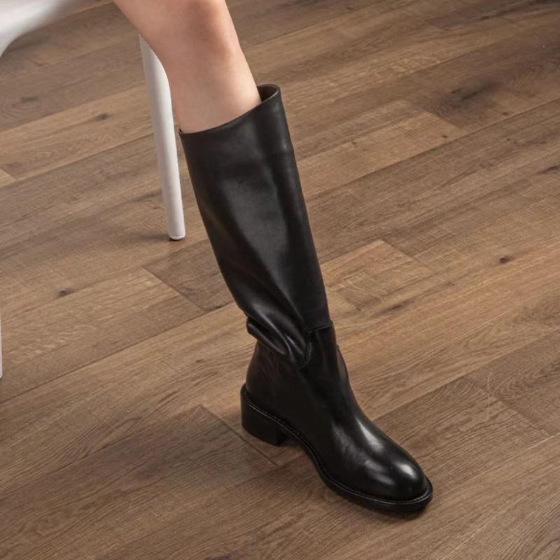 Cowhide version~ Skinny big tube circumference tall knight boots for women thick heel leather knee boots long boots for women