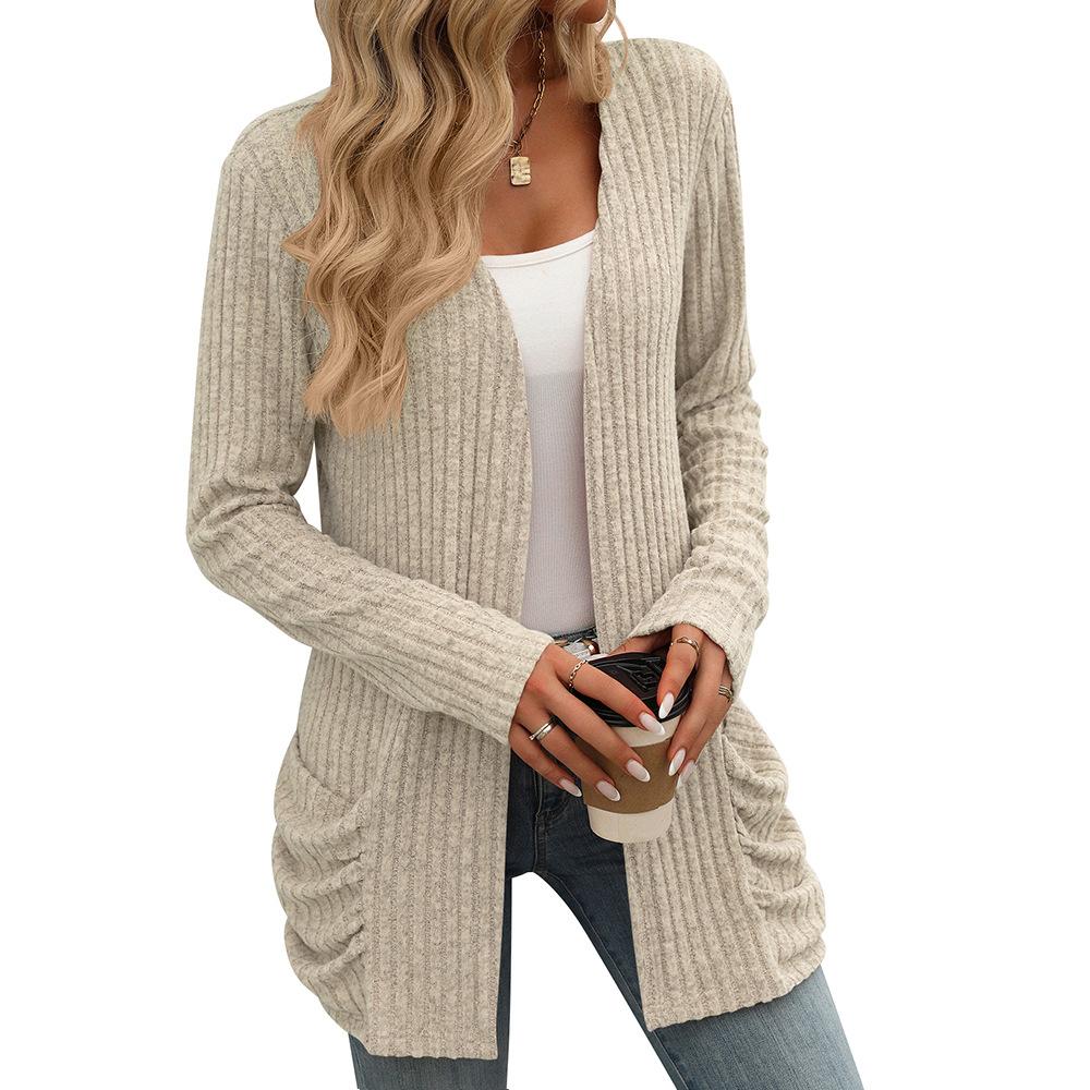 Outono e inverno feminino malhas cor sólida pit listra escovado bolso cardigan manga longa jaqueta