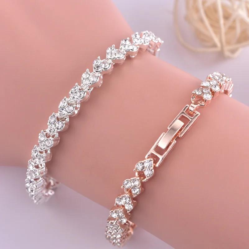 Luxury Roman Crystal Bracelet for Women Fashion Heart Chain Bracelets Rhinestone Bangle Wedding Bridal Jewelry Accessories Gifts