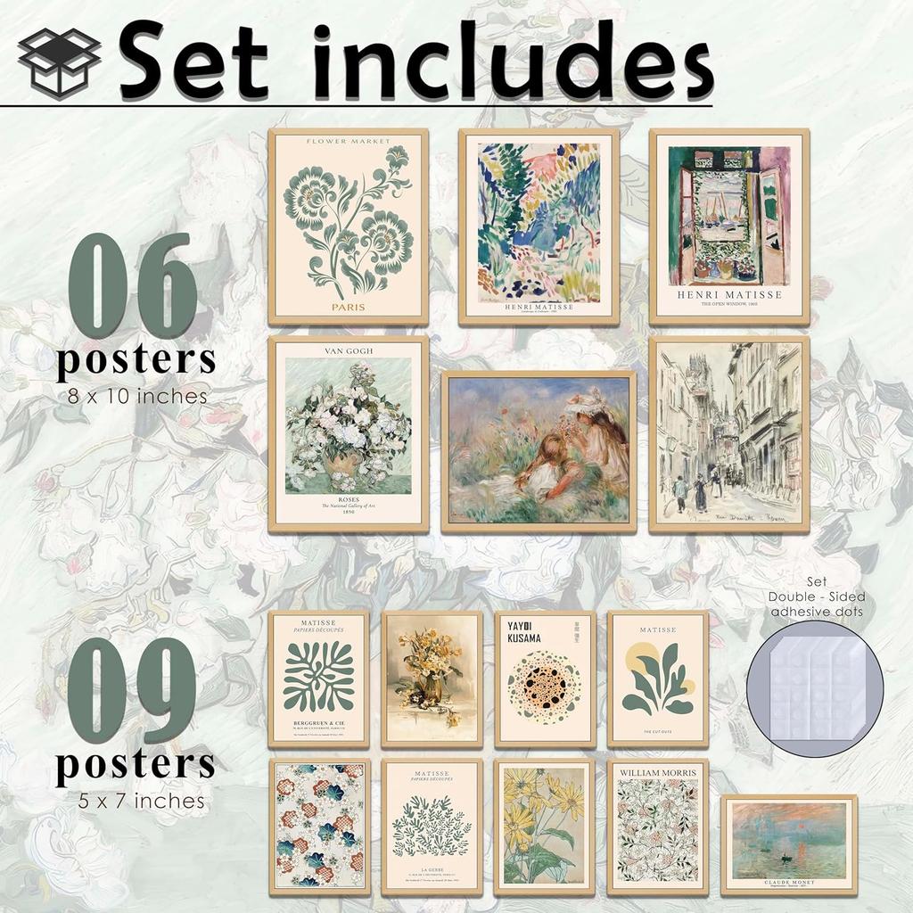 LANCHI95 15 PCS Sage Green Wall Art Decor, Matisse Wall Prints, Abstract Posters for Room Aesthetic, Wall Art For Living Room Bedroom, Eclectic Boho