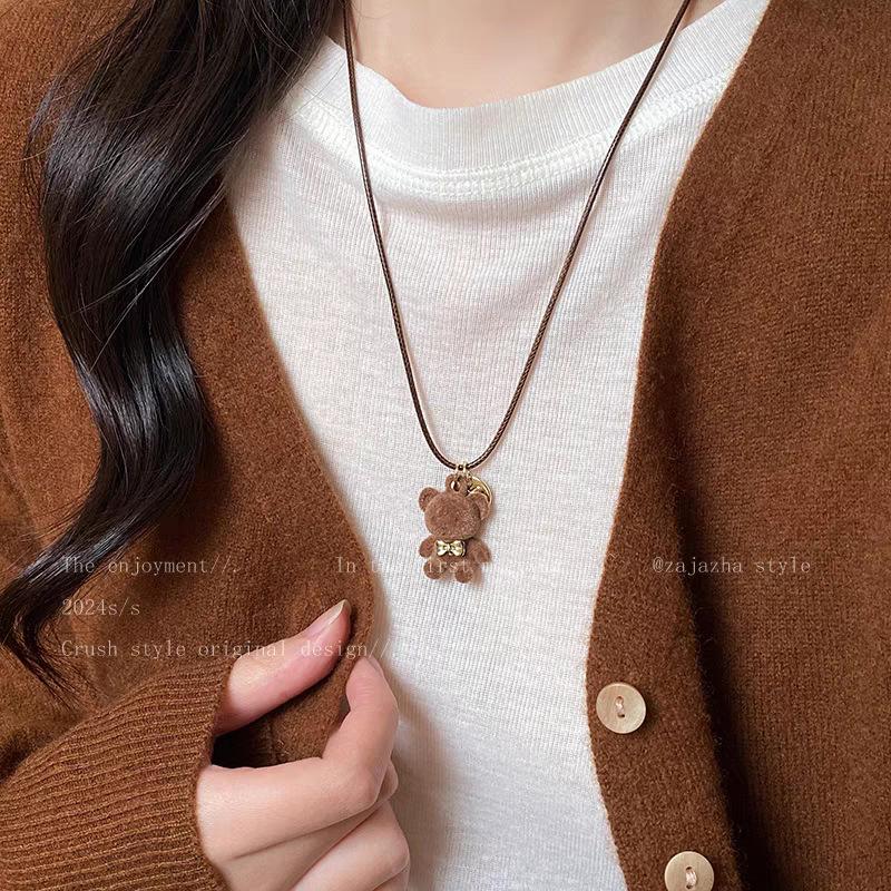 Cute Coffee Plush Bear Necklace Girls Versatile Sweater Chain Childlike Student Party Accessories