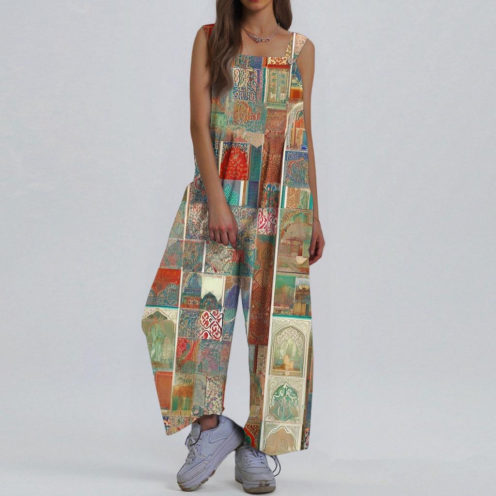 Women's Fashion Casual Loose Back Straps Wide Leg Vintage Printed Jumpsuit