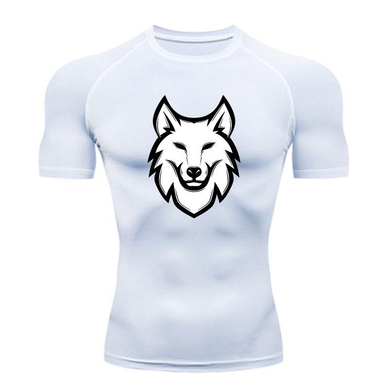 Men's Compression Workout T-Shirt, White Smiling Wolf Head G