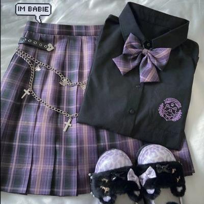 Japanese Harajuku Three Piece Set Plaid Mini Women Skirt School Uniforms Skirt A-line Sweet High Waist Women Kawaii Suits & Sets (Shirt+Bow+Skirt)
