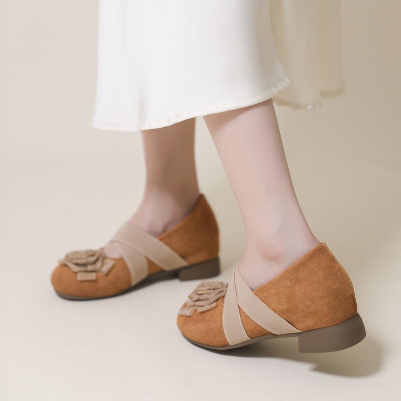 Women Pumps French Style Spring New Elegant Heels Flower Sweet Round Toe Shoes Women Cross Strap Slip-on Casual Ballet Shoes