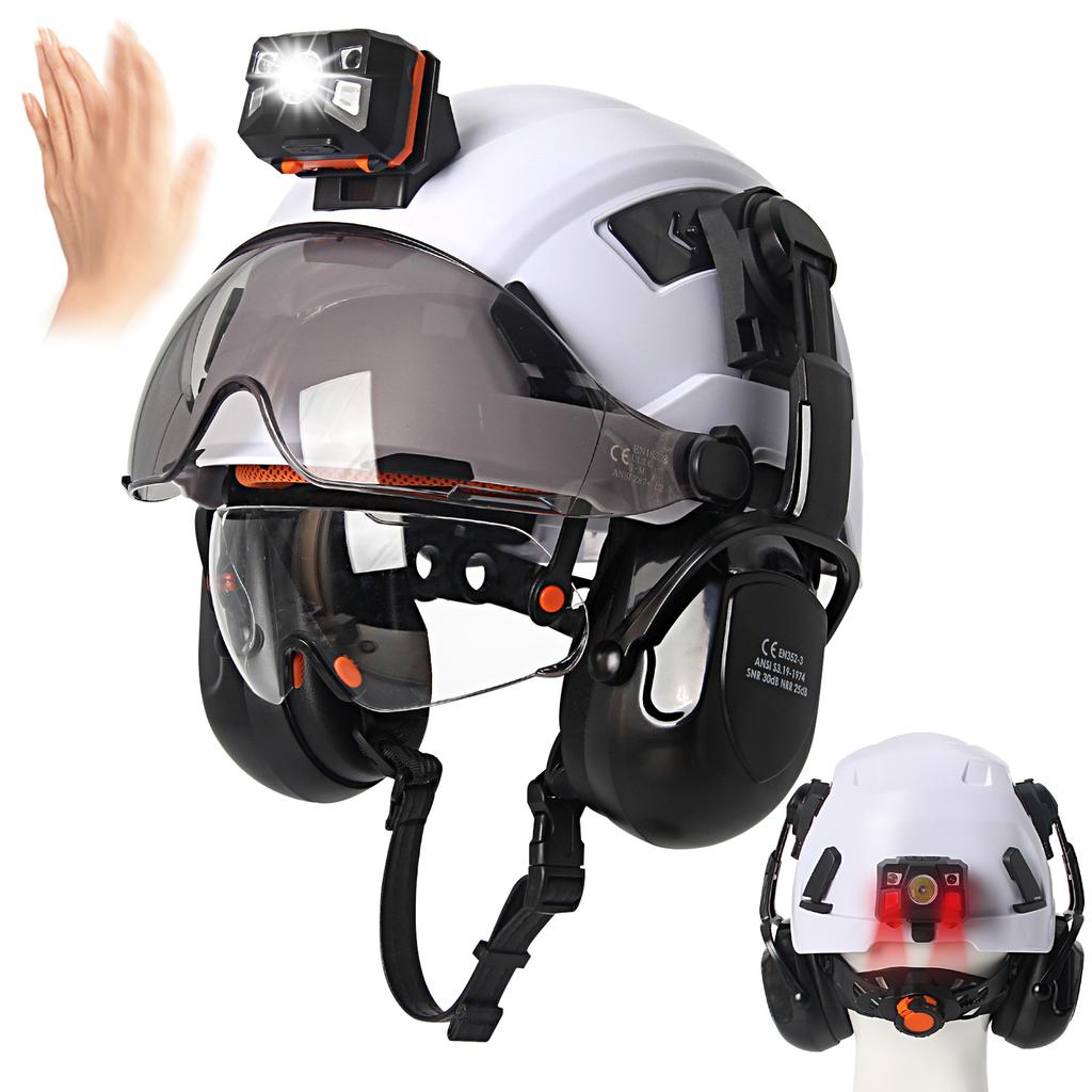 Casco di Sicurezza per Cantiere CE con Doppi Visori Lampada Frontale Paraorecchie ANSI Scivolante Traspirante Elmetto Cappello da Lavoro per Ingegnere Industriale