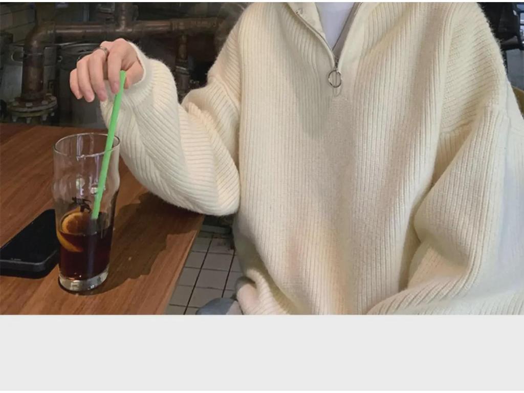 Pánský zimní pletený svetr s kapucí na poloviční zip, volný střih, jednobarevný, ležérní styl pro páry