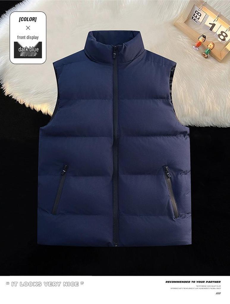 Men's Winter Stand Collar Thick Cotton Vest: Trendy, Windproof, Pure Color, Warm Shawl Jacket