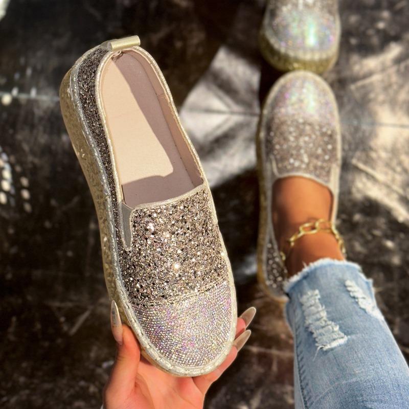 Large size casual rhinestone single shoes women's spring new shallow mouth thick bottom rhinestone fashion women's shoes