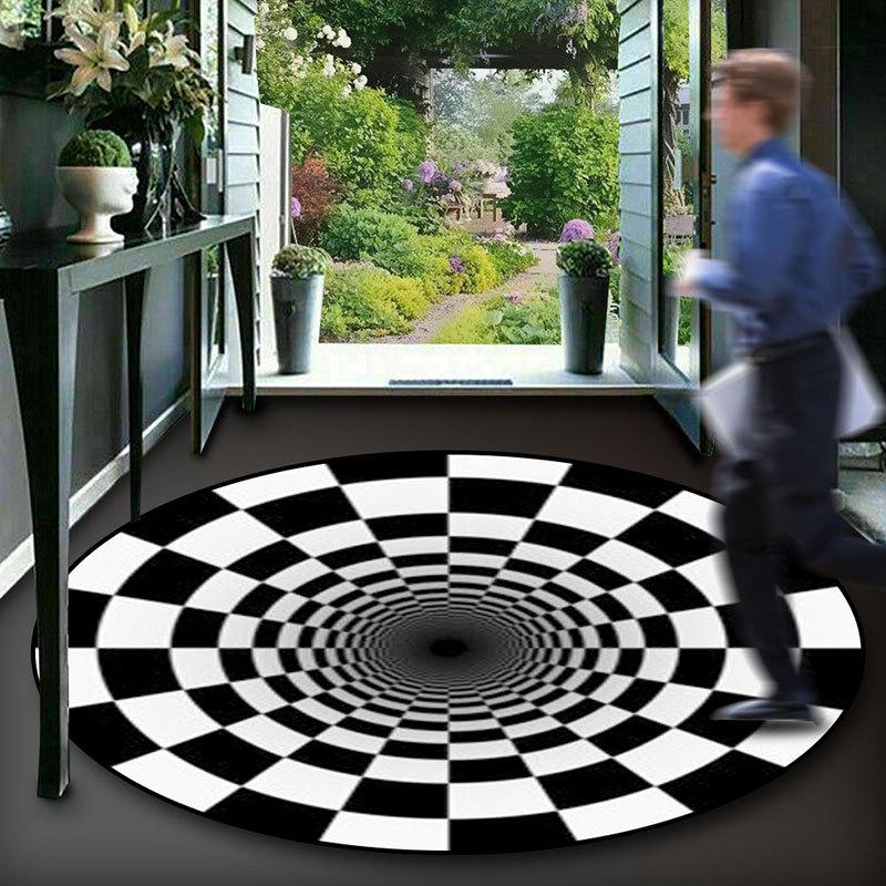 3D Illusion Vortex Carpet: Black & White Grid Round Floor Mat