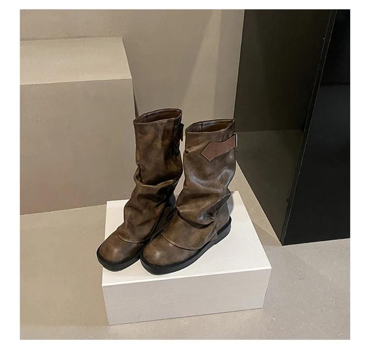 Ploché Platforma Dámské Kozačky do Poloviny Lýtka Robustní Podpatky Kožené Goth Boty Trend Zimní Dámské Teplé Kotníkové Sněhule Mujer Zapatos