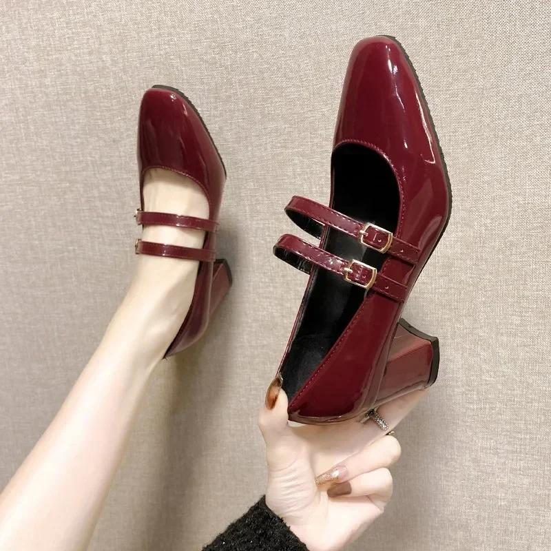 Fashion 2025 Spring Autumn Women Double Buckle Loafers Shoes Leather Square Head Square High Heel Solid Color Women's Mary Janes Pumps