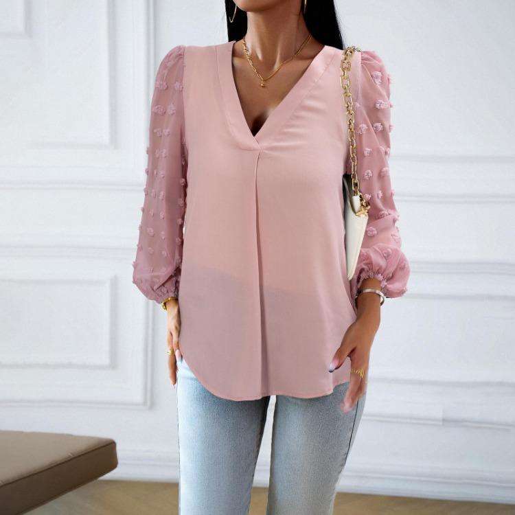 

Women Casual Autumn Blouse Long Sleeve V Neck Solid Color Elegant Commuter Loose Shirt S розовый