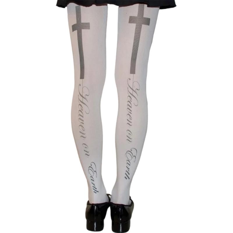 

Women s Elegant Japanese Style Gothic White Silk Pantyhose Stockings Crosses and Letter Print Opaque Tights Leggings 1