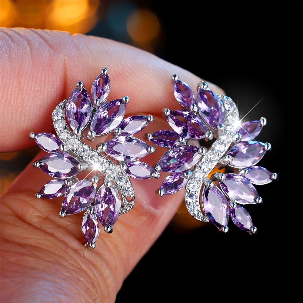 Kristall Ohrstecker mit großem lila Zirkonstein in Blumenform Vintage Silberfarbe Hochzeitsmode Für Frauen