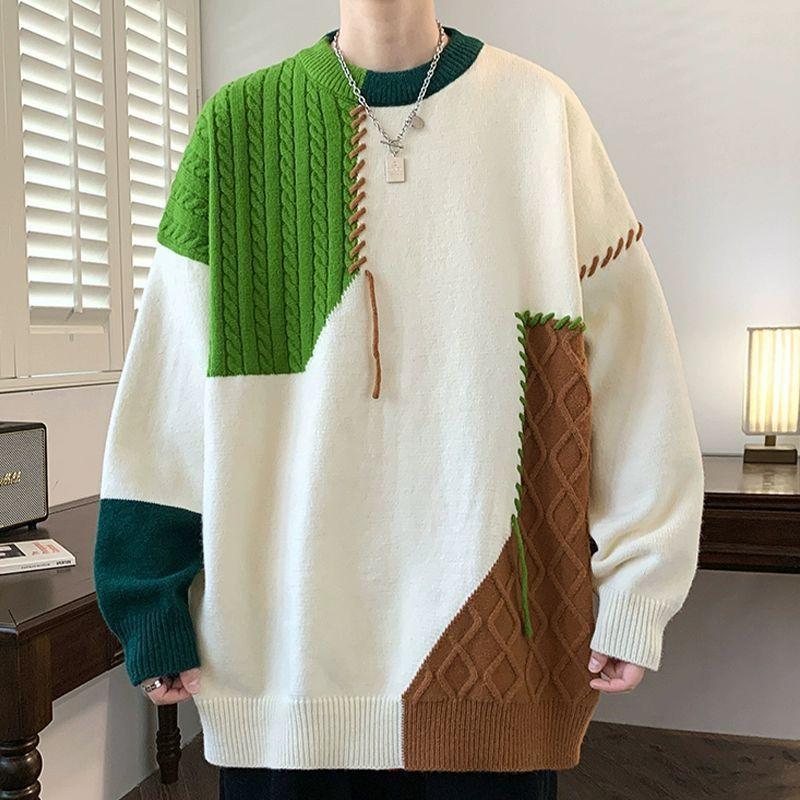 Pánské teplé svetry Podzim Zima Korejská móda Rolák Patchwork Pulovry Streetwear Pulovr Ležérní Muži Oblečení