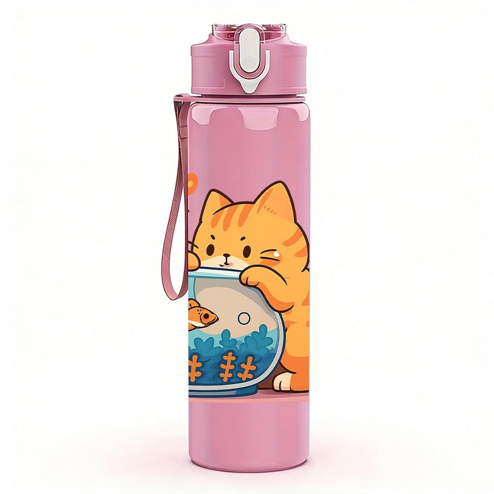 1PC Kitty Fish Bowl Print 750ml Color Plastic Sports Water Bottle Leakproof Flip Straw Lid Suitable for Sports Office Home Use