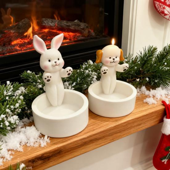 Yousheng Candle Holder Cartoon Dog Cat Design Hand-Painted Art Resin Construction Candlestick Candle Accessory