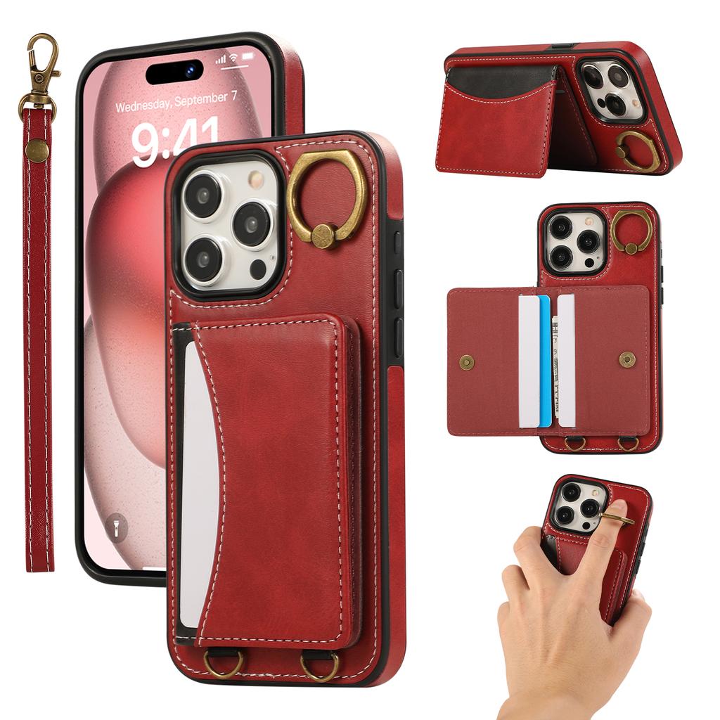For iPhone 14 Pro Max PU Leather Back Case Card Holder Kickstand Phone Cover with Wrist Strap