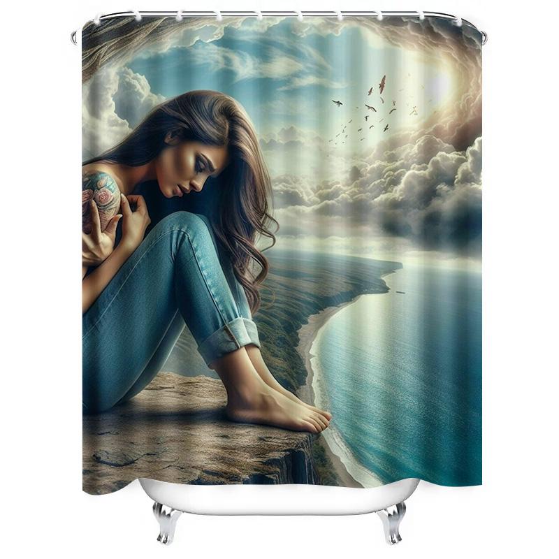 Dreamy Woman on Cliffside Shower Curtain - Waterproof, Mildew-Resistant, Machine Washable for Serene Bathroom Decor