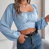 Women Long Sleeve Square Neck Tees Solid Color T Shirt  Ladies Tee Shirt Street Wear Top