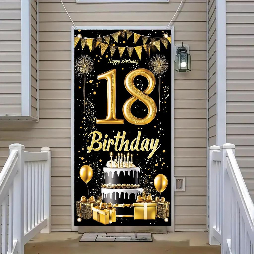 18th Birthday Door Cover Decoration 71 x 35 Inch Black and Gold Cake Banner with Balloons and Gifts for Eighteenth Birthday Party Supplies Happy 18