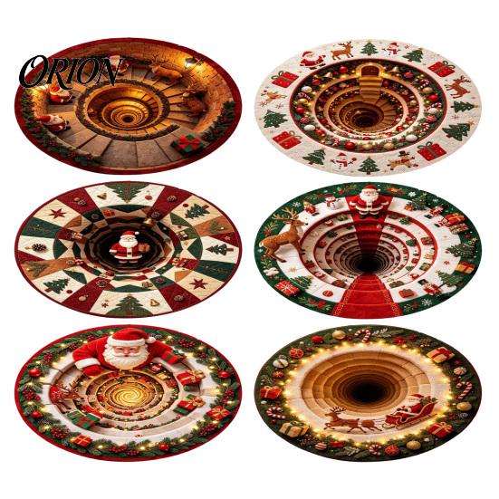 3D Optical Illusion Floor Mats Christmas Round Area Rug, Visual Trap Mat with Santa Elk Print, Unique Seasonal Gift Rugs Non-Slip Stain Resistant