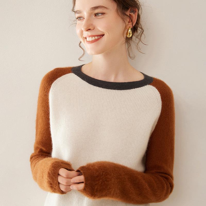 

Женский кашемировый вязаный свитер в стиле колор-блок - Круглый вырез, Теплый базовый слой для осени и зимы. M (100-115 jin)