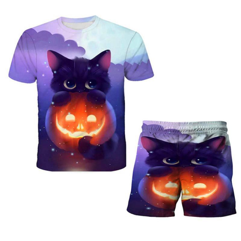 Summer Baby Kids Cat Sets Short Sleeves Printed T Shirts and Short Pants 2pcs Boys and Girls Lovely Clothing Outfits 1-14 Years