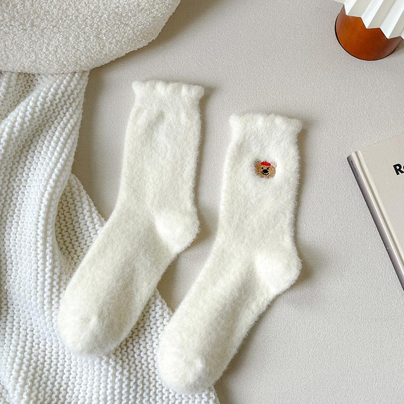 Cute Animal Cartoon Mink Fleece Socks White Middle Socks Thick Warm Home Floor Socks Girly  Versatile Accessory Sock Gift