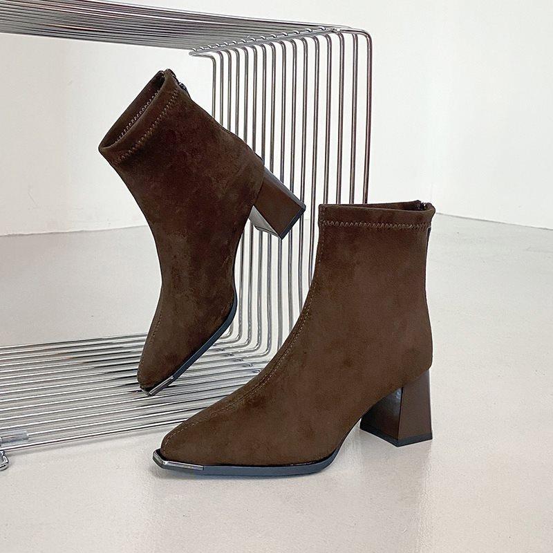 heightening boots autumn and winter French short boots women's thick heel cloth suede small thin boots women's 2025 high heel boots new