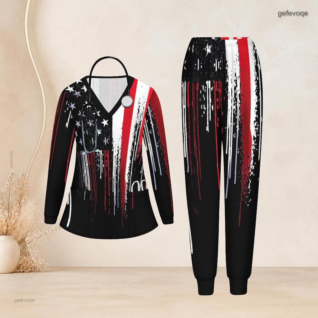 Women Plus Size Scrub Set V Neck Long Sleeve American Flag Printed Top And Long Pants With Pockets