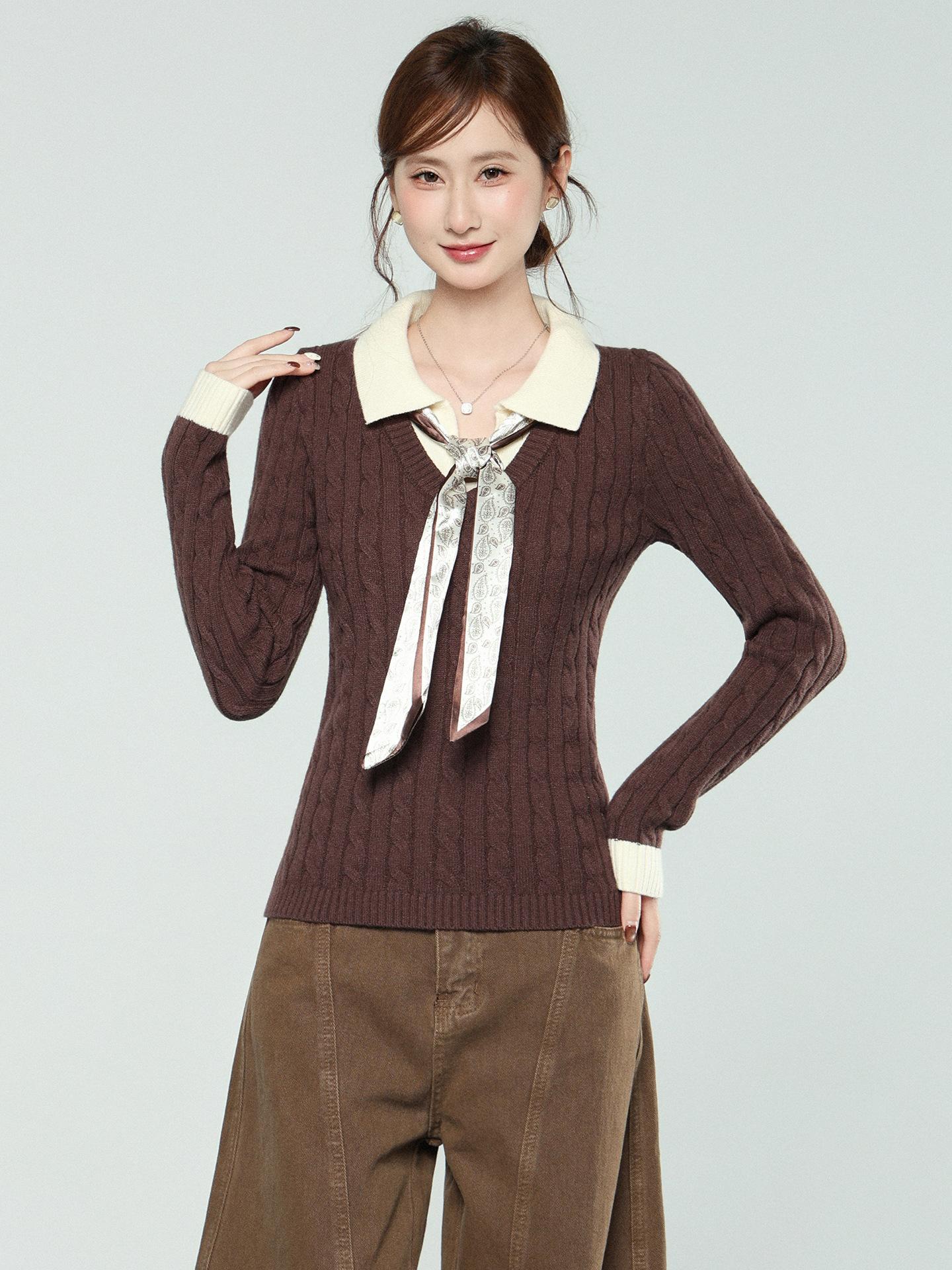 

Design sense splicing fake two-piece long-sleeved knitted bottoming shirt women s autumn and winter new lapel thin inner top One size fits all