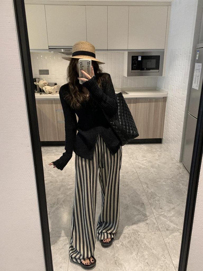 Plus Size Women's Vertical Stripe High Waist Slimming Casual Floor-Length Summer Pants