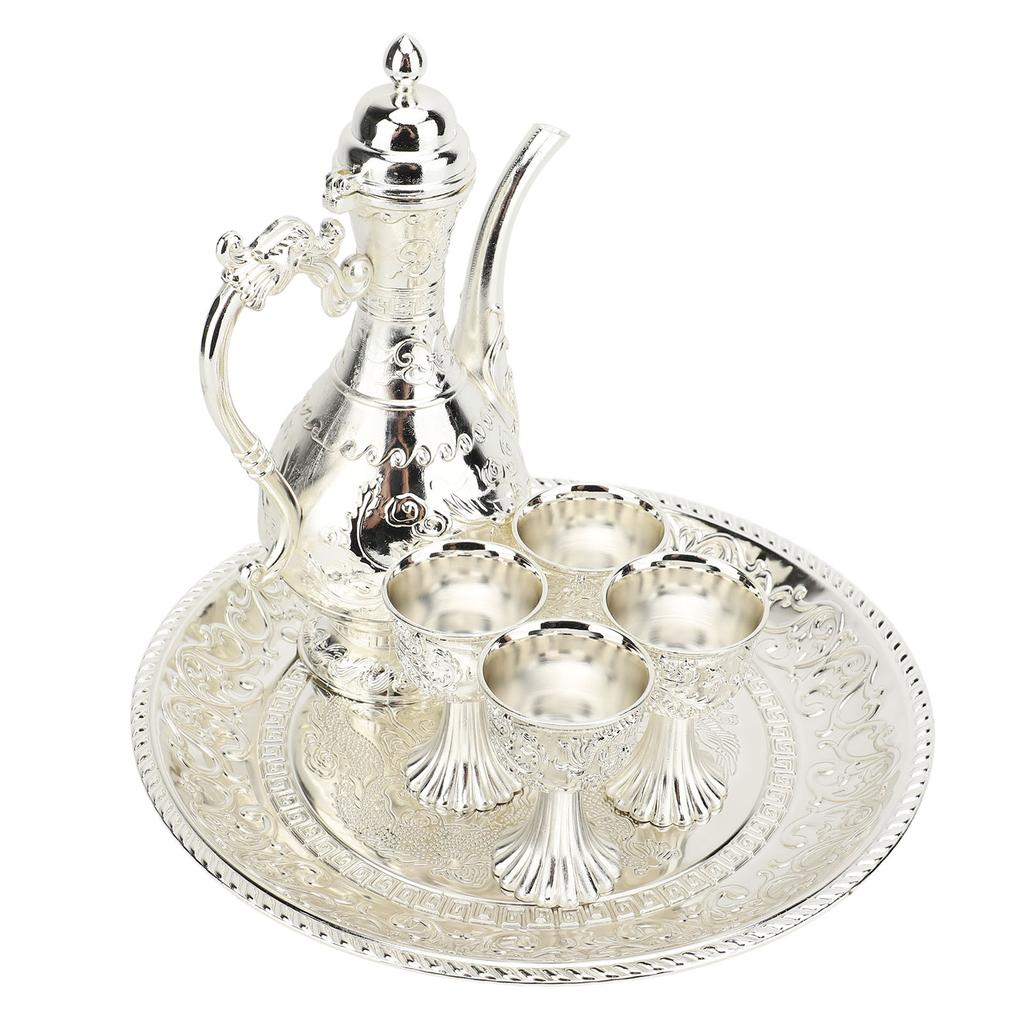 Turecká čajová souprava Vintage Vynikající Luxusní Kovová Čajová konvice Podnos na čaj a Sada 4 šálků pro Domov Stříbrná