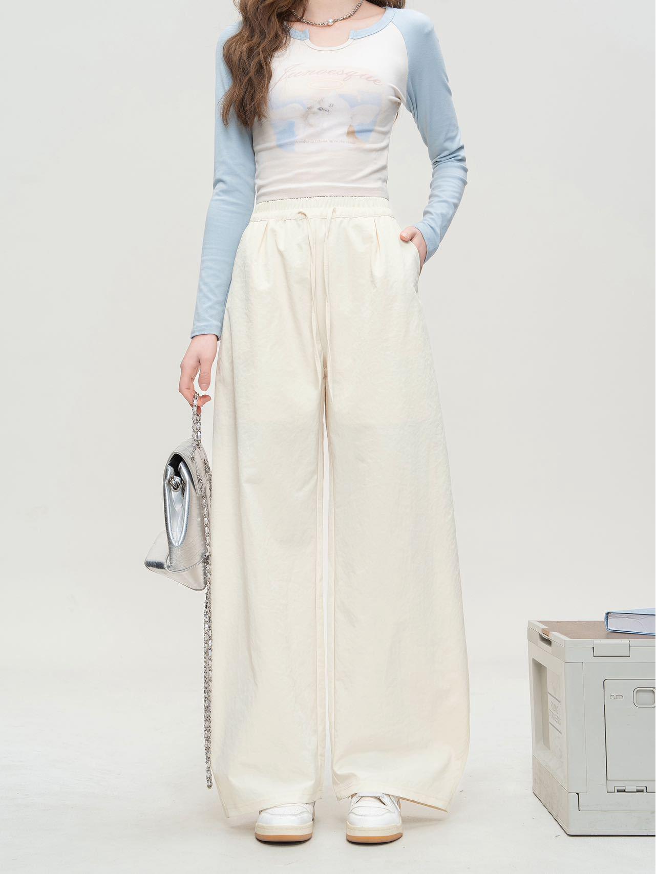 

Women s Six-Color Drawstring Wide-Leg Pants - 2026 Spring/Summer Casual Floor-Length Small грязно-белый