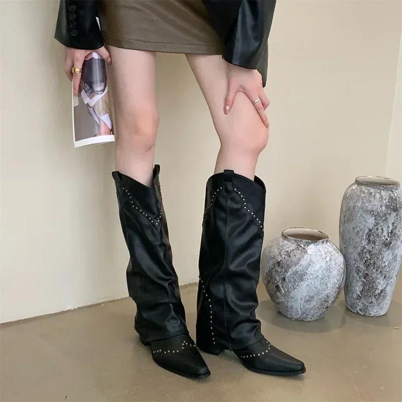 Fashion Woman Cowgirl Boots Fashion Slip On Ladies Elegant Square Heel Long Pipe Boots Shoes Retro Women's Winter Footwear