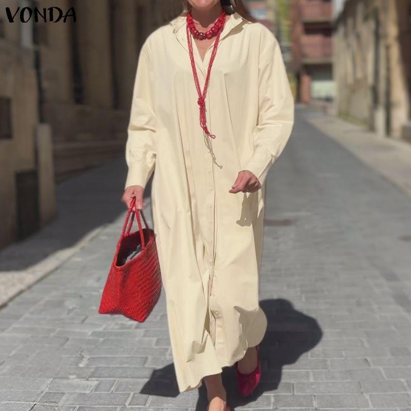 VONDA Women Elegant Lapel Neck Long Sleeve Baggy Pleated Casual Long Shirts Dress