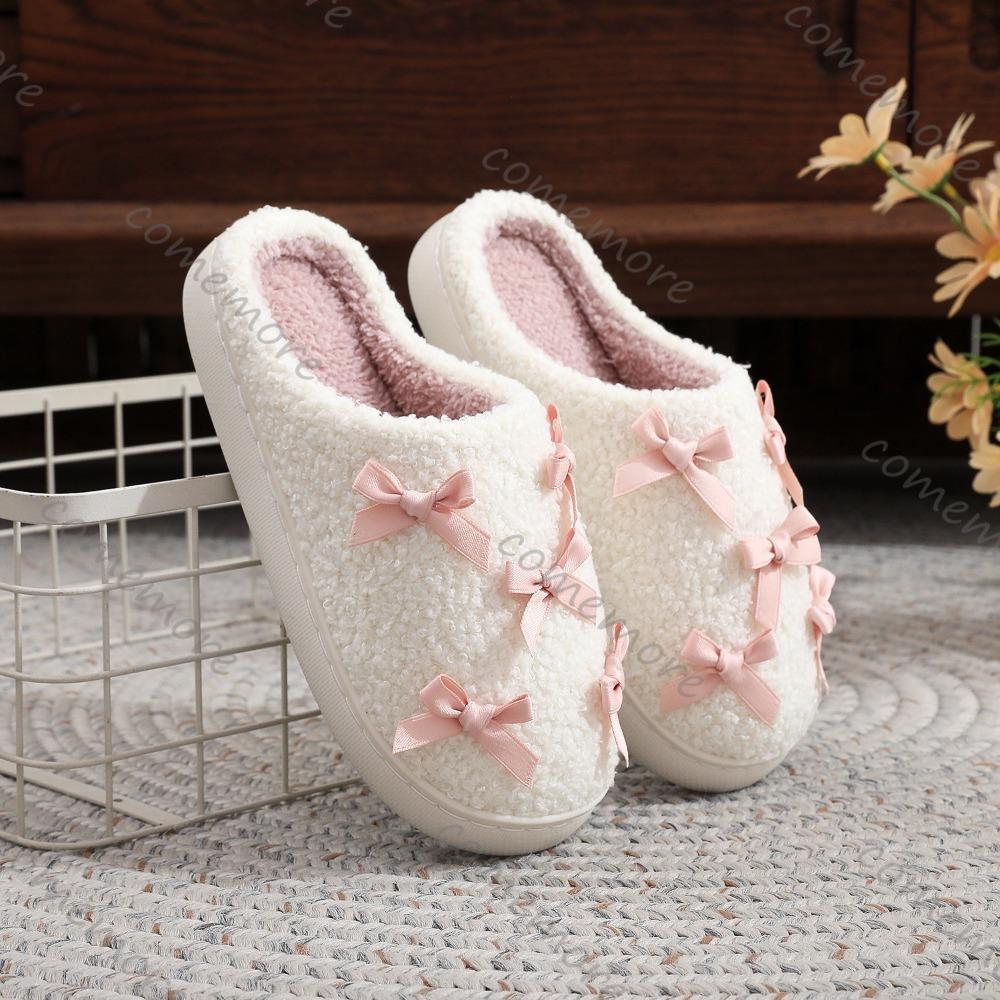 Comemore Autumn and Winter Bowkont Cute Plush Cotton Slippers Women Warm Indoor Shoes Casual Flat Soft Sole Slides Women's Shoes