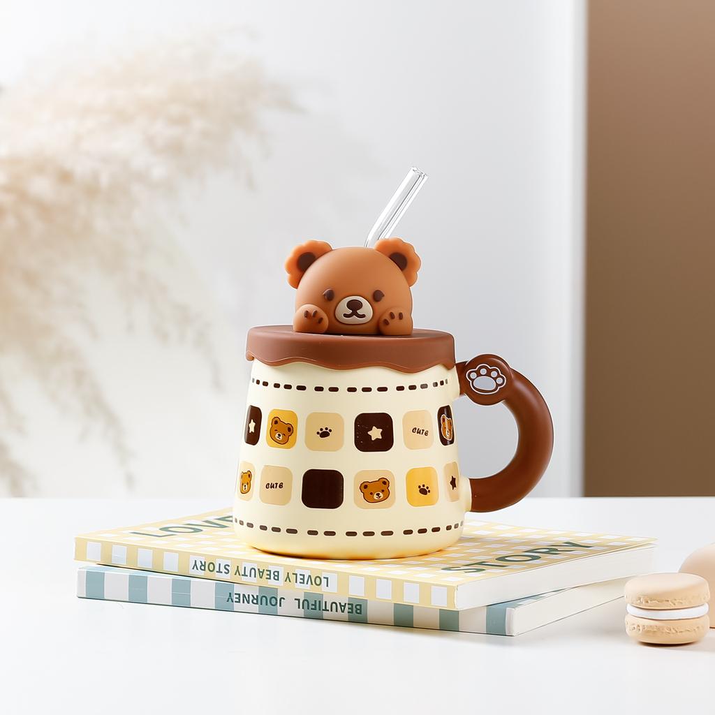 High Value Bear Straw Cup with Handheld Ceramic Cup Cute Creative Personality Mug Breakfast Milk Cup Office Cup