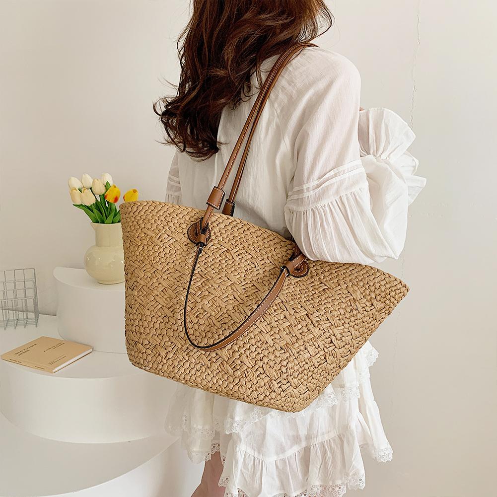 Women Woven Tote Bag Fashion Shoulder Bag Large Capacity Simple Woven Handbag Tote Clutch Bags Chic Hobo Bag for Outdoor Travel
