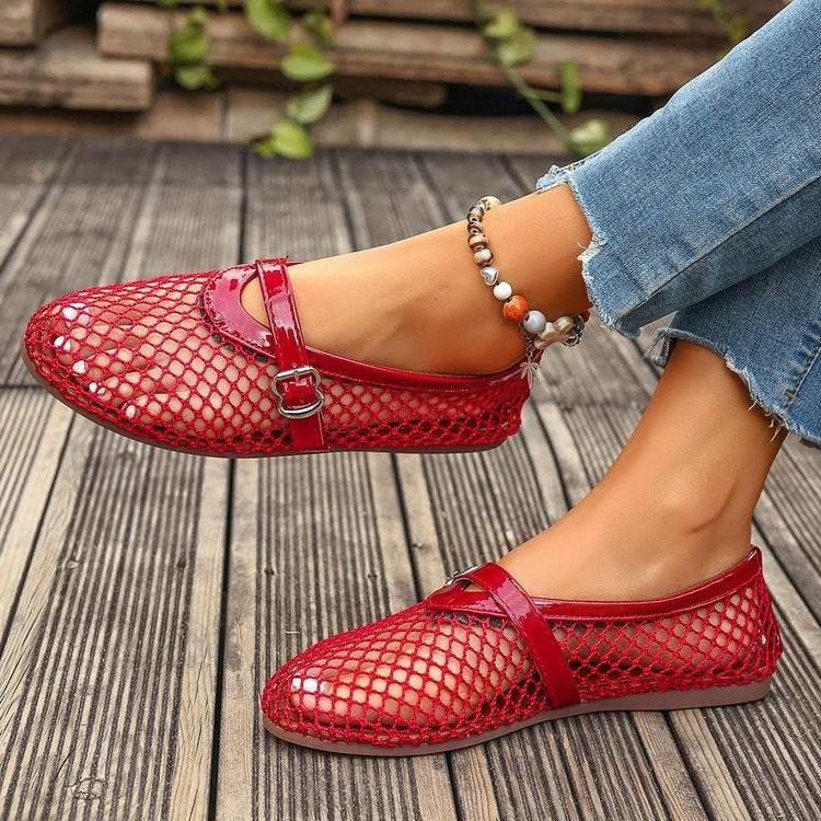 Plus Size Women Round Toe Fishnet Hollow Out Flat Sandals, New Spring Summer European Style Breathable Casual Sandals