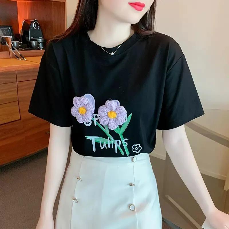 Spring Summer Women Tulip Print T Shirt 3D Crochet Flower Decoration Casual Crew Neck Short Sleeve Sweet Pink Tee Tops