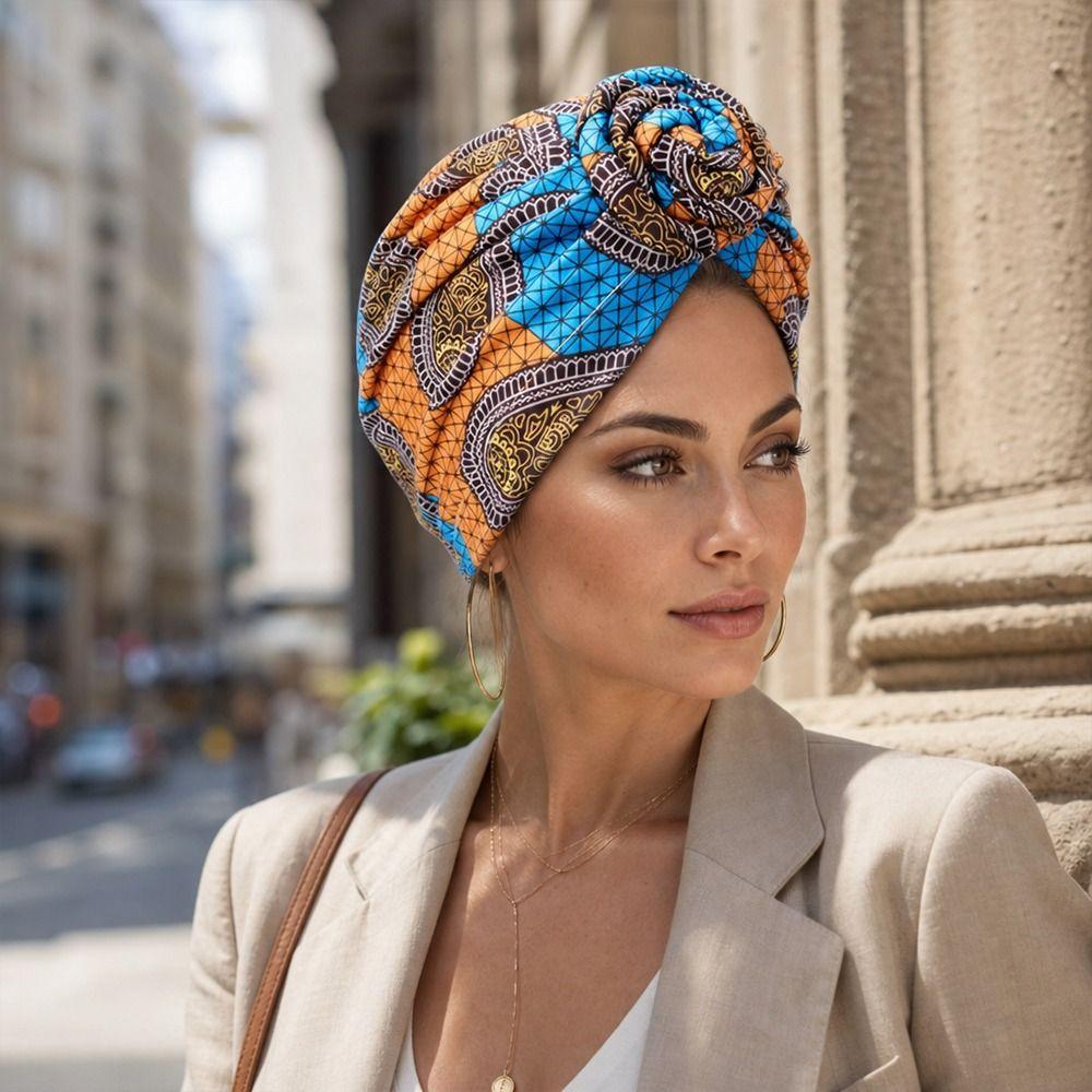 Cappello Turbante Pieghettato Nodo Intrecciato Stampa Africana Floreale Fascia per la Testa Foulard All-Match Decorazione