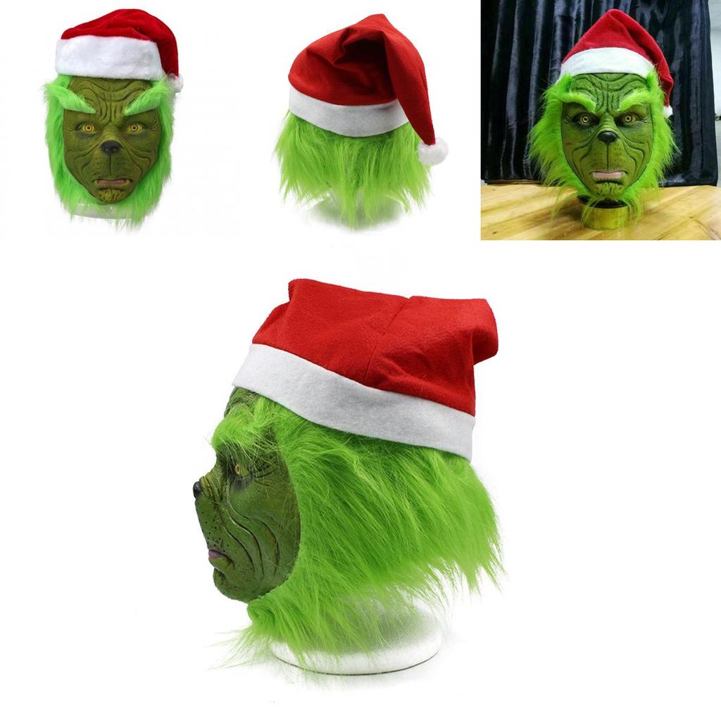 Zlobivý zelený příšera Grinchova maska s vánoční čepicí pro dospělé pro zábavu při cosplayi