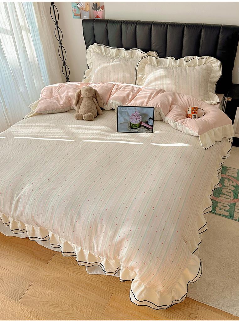 Sleep Grid Double-layer Yarn Wrinkled Yarn Korean Fresh Style Bed Skirt Four Piece Set